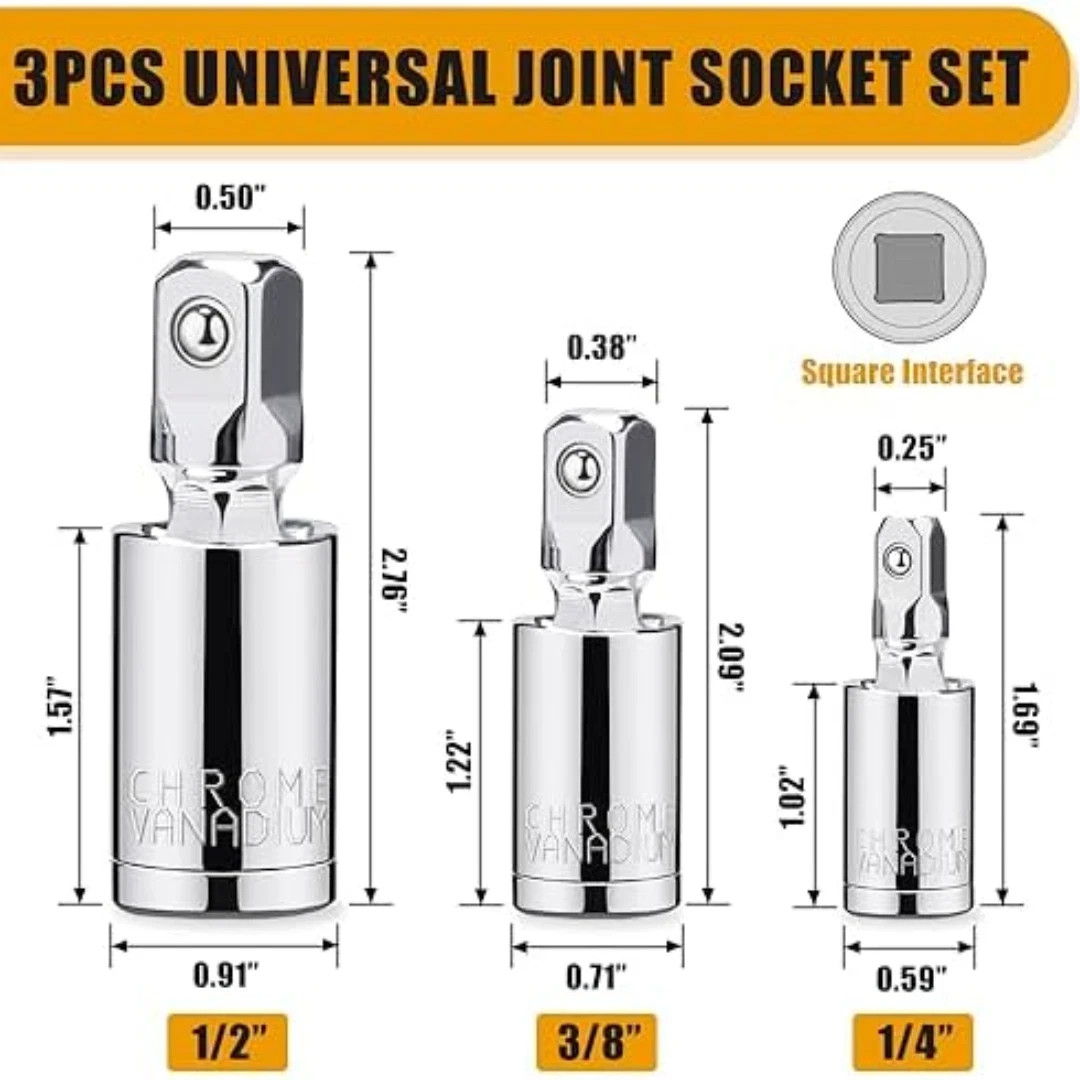 3PCS Impact Universal Joint Swivel Socket Adapter Set 1/4″ 3/8” 1/2″ Drive 360°