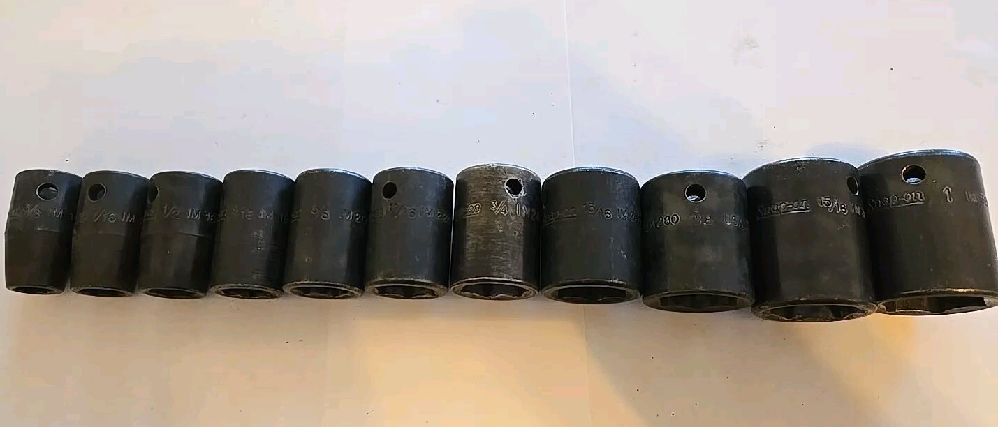 Snap On 1/2″ Drive 3/8″-1″ 6PT SAE Shallow Impact Sockets With Rack Lot Of 11