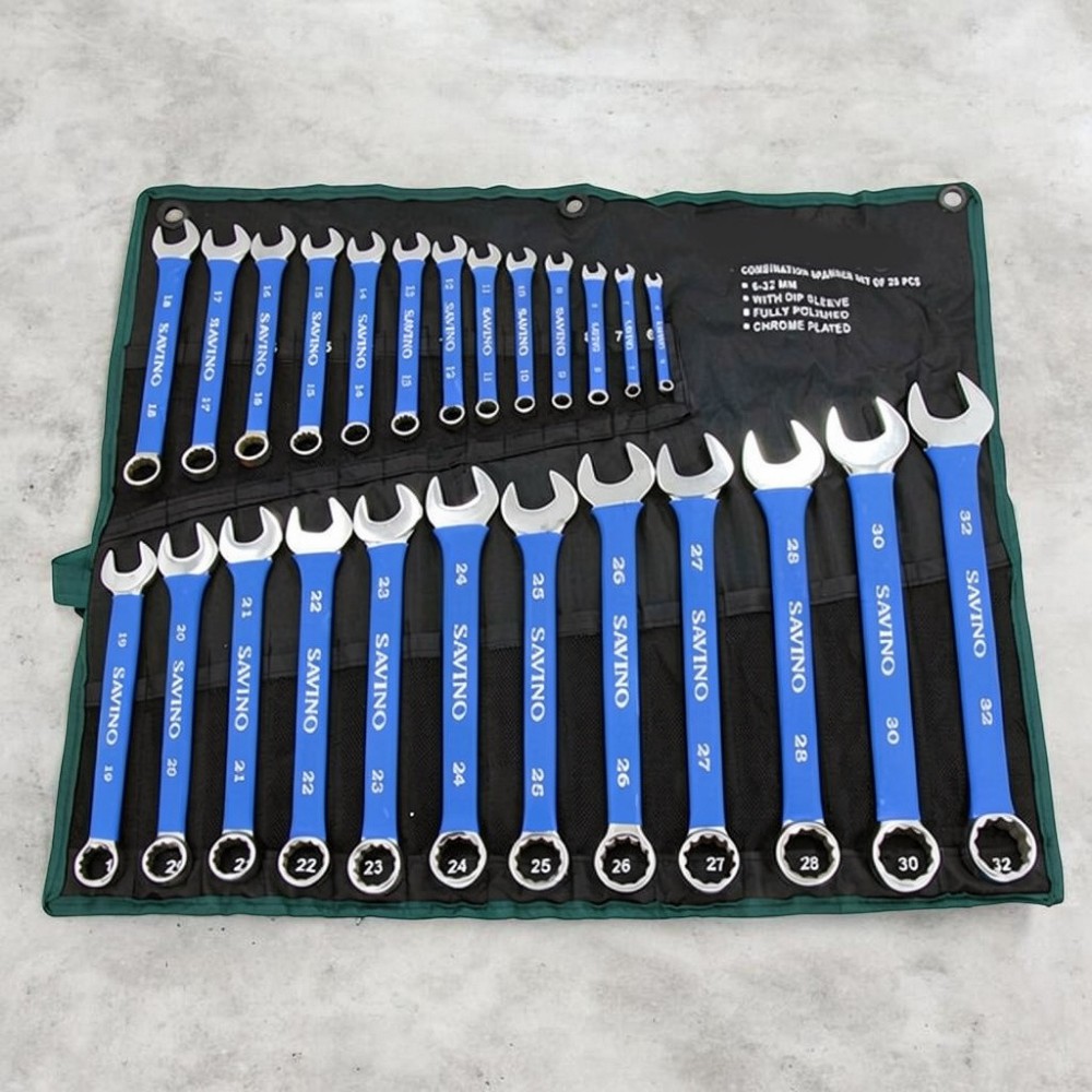 25pc Metric Combination Spanner Set Soft Grip 6-32mm Open End & Ring + Tool Roll