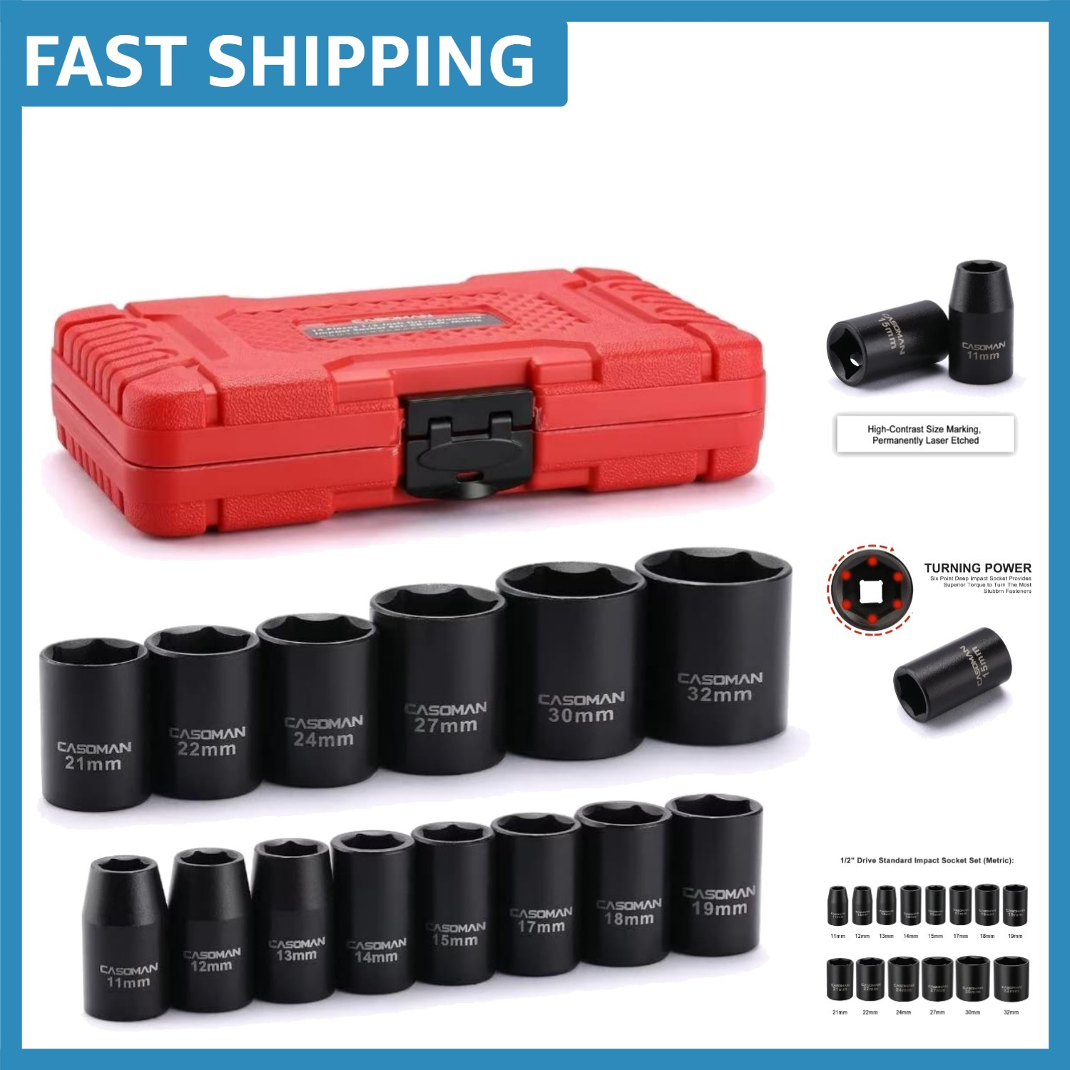 Professional 1/2-Inch Drive Shallow Impact Socket Set, 14 Pieces, ANSI Approved