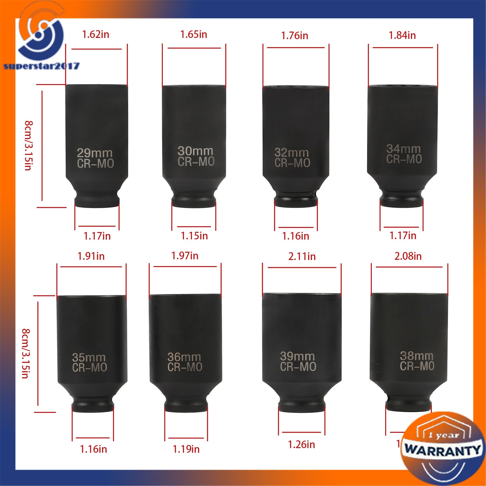 1/2″ Impact Socket Set 12Point 1″ to 1-1/2″Drive Deep Spindle Axle Nut 8PCS