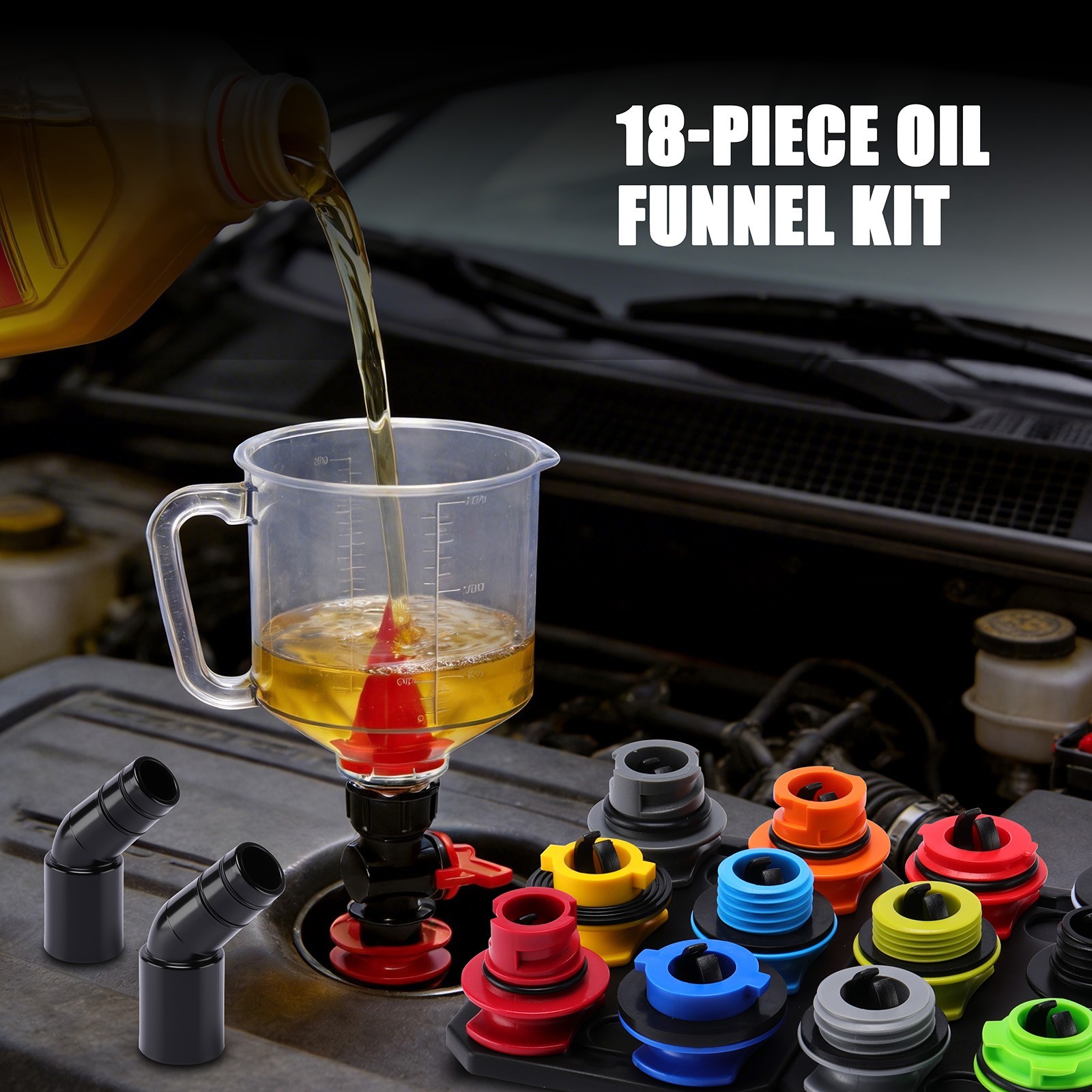 18Pcs Auto Oil Change Funnel Set 1.5QT Funnel w/12 Adapters & Magnetic Storage