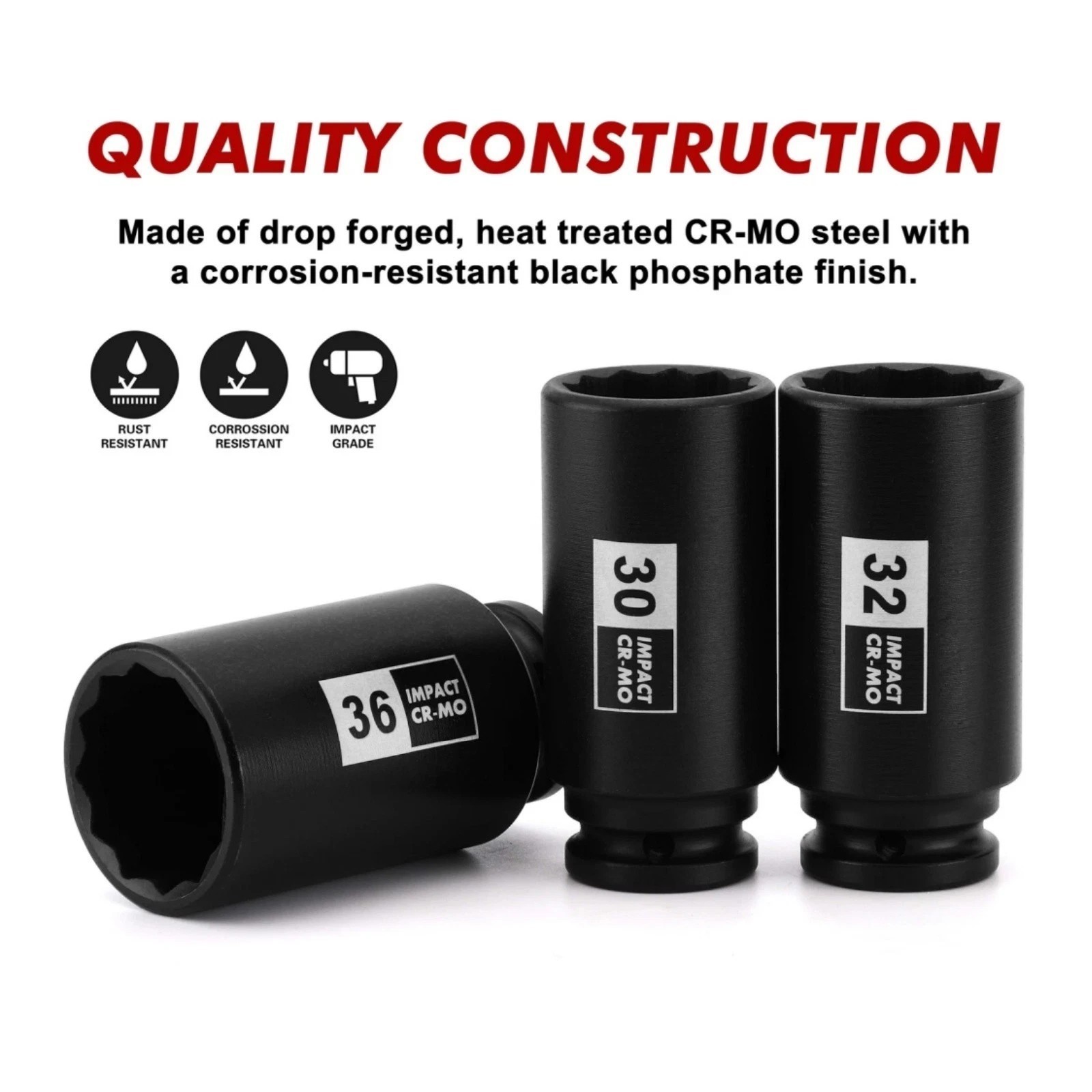 1/2″ Drive Deep Spindle Axle Nut Impact Socket Set 12 Point CR-MO, 30,32,34,36mm