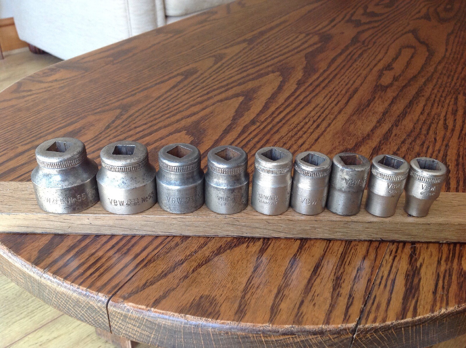 9 Vintage VBW German AF Sockets With 1/2″ Drive 1-1/4″ To 7/16″AF.