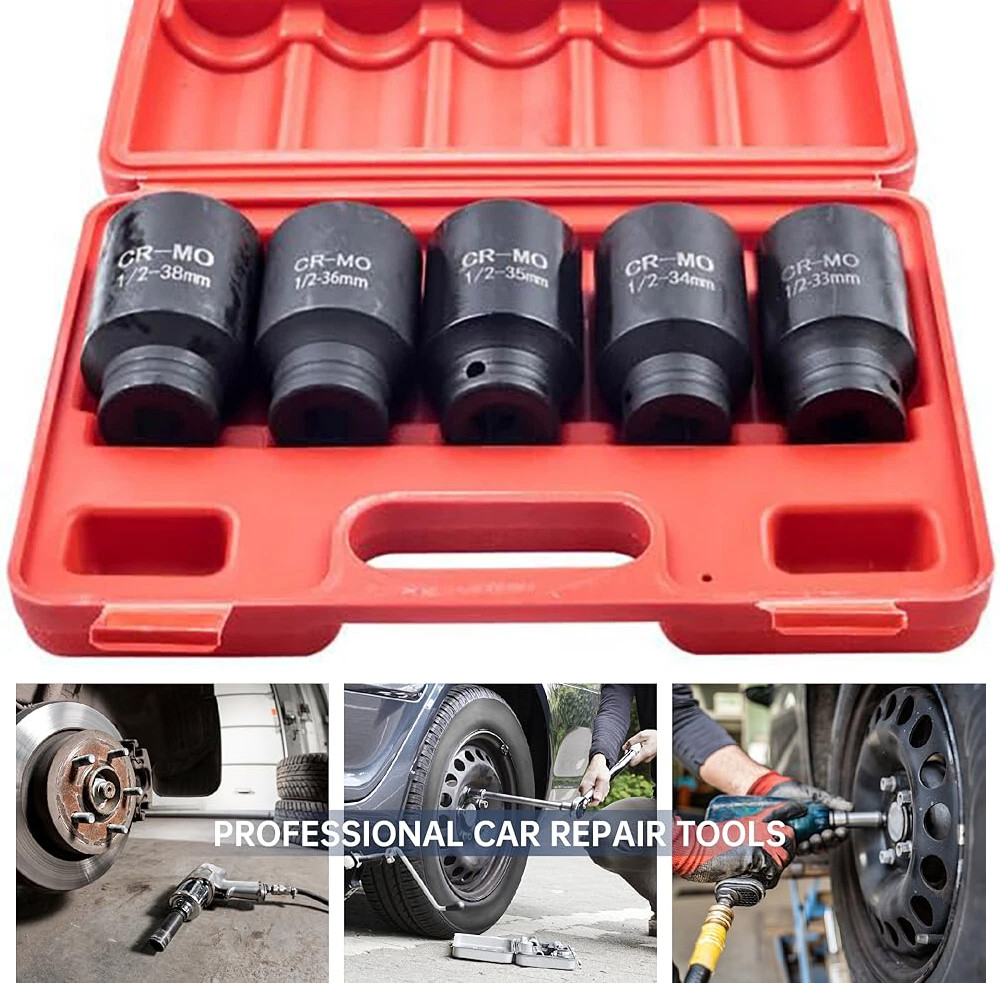 5Pcs 1/2″ 6 Point Drive Deep Impact Axle Hub Socket Set 33mm 34mm 35mm 36mm 38mm