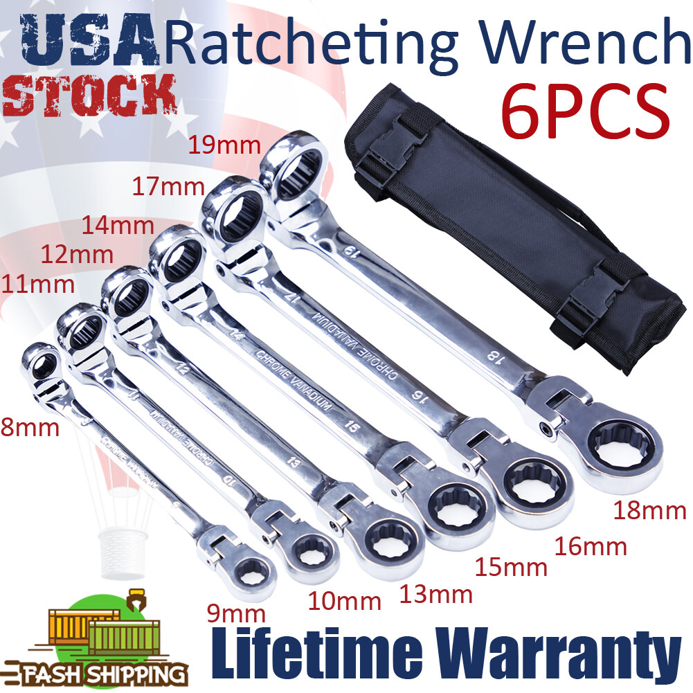 6X Double Box End Ratcheting Wrench Flex-Head Extra Long Heavy Duty Spanner US