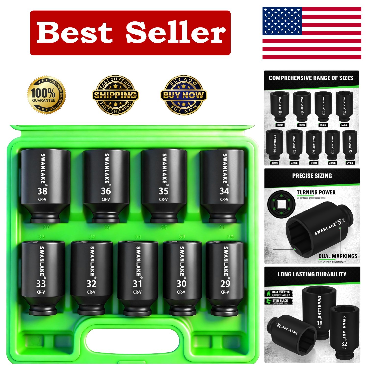 SWANLAKE 9-Piece Chrome Vanadium 1/2″ Axle Nut Socket Set for High Torque