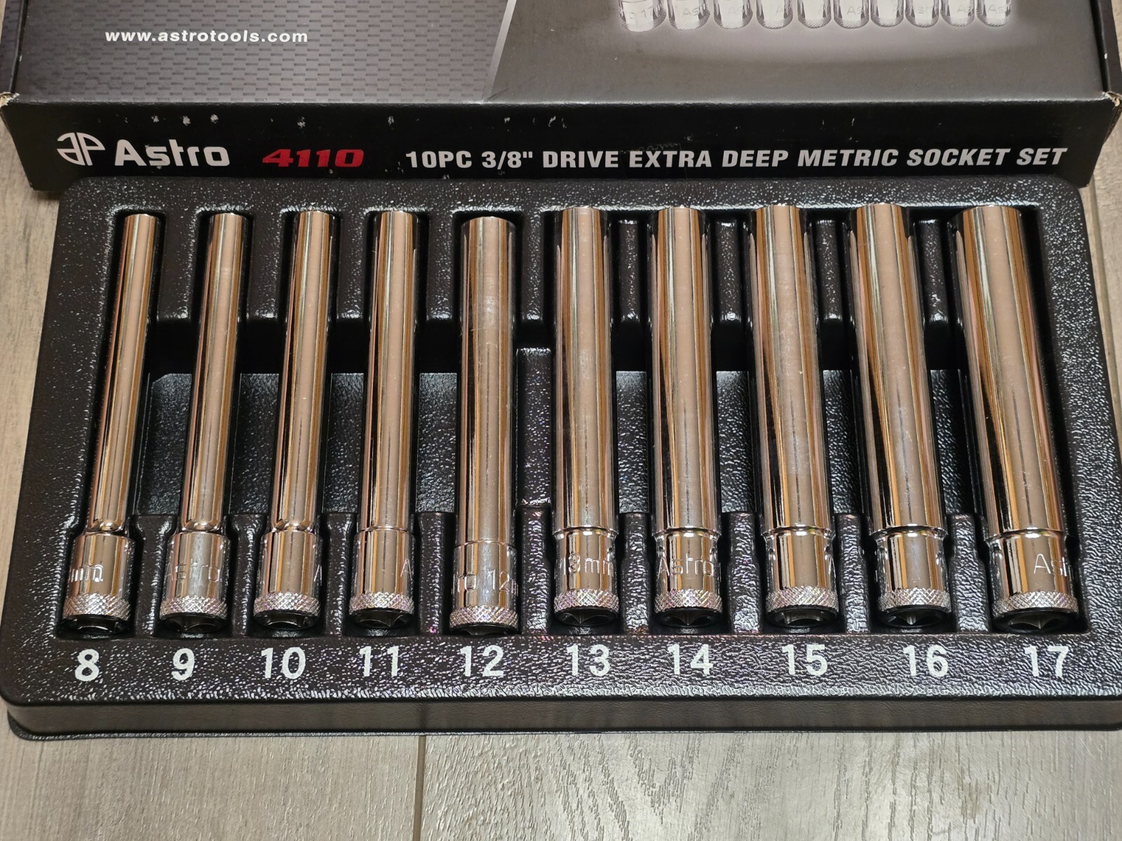 ASTRO 10pc Extra Deep (4.75″ Long) Metric Socket Set 8-17mm, 3/8″ drive #4110
