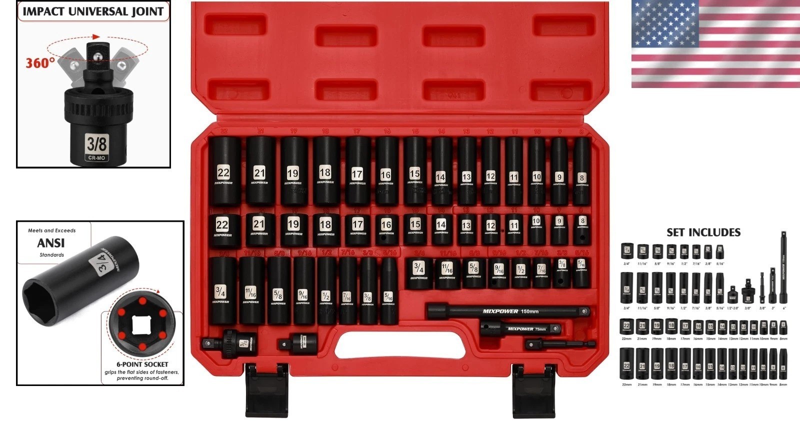 3/8″ Drive Deep Impact Socket Set, 6 Point, 49 Piece Standard SAE and Metric …