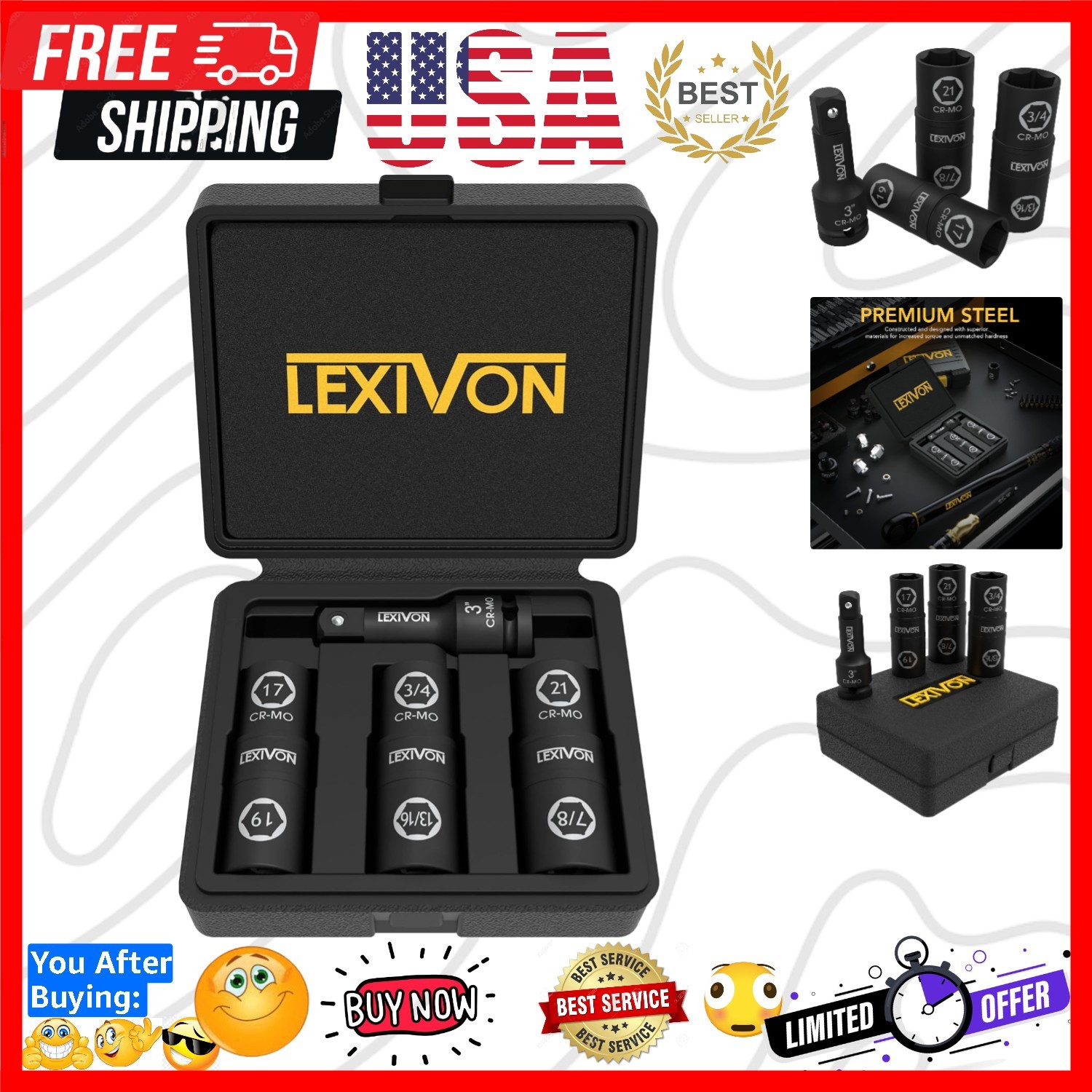 Impact Socket Set, 6 Total Lug Nut Size | Innovative Flip Socket Design Cover…