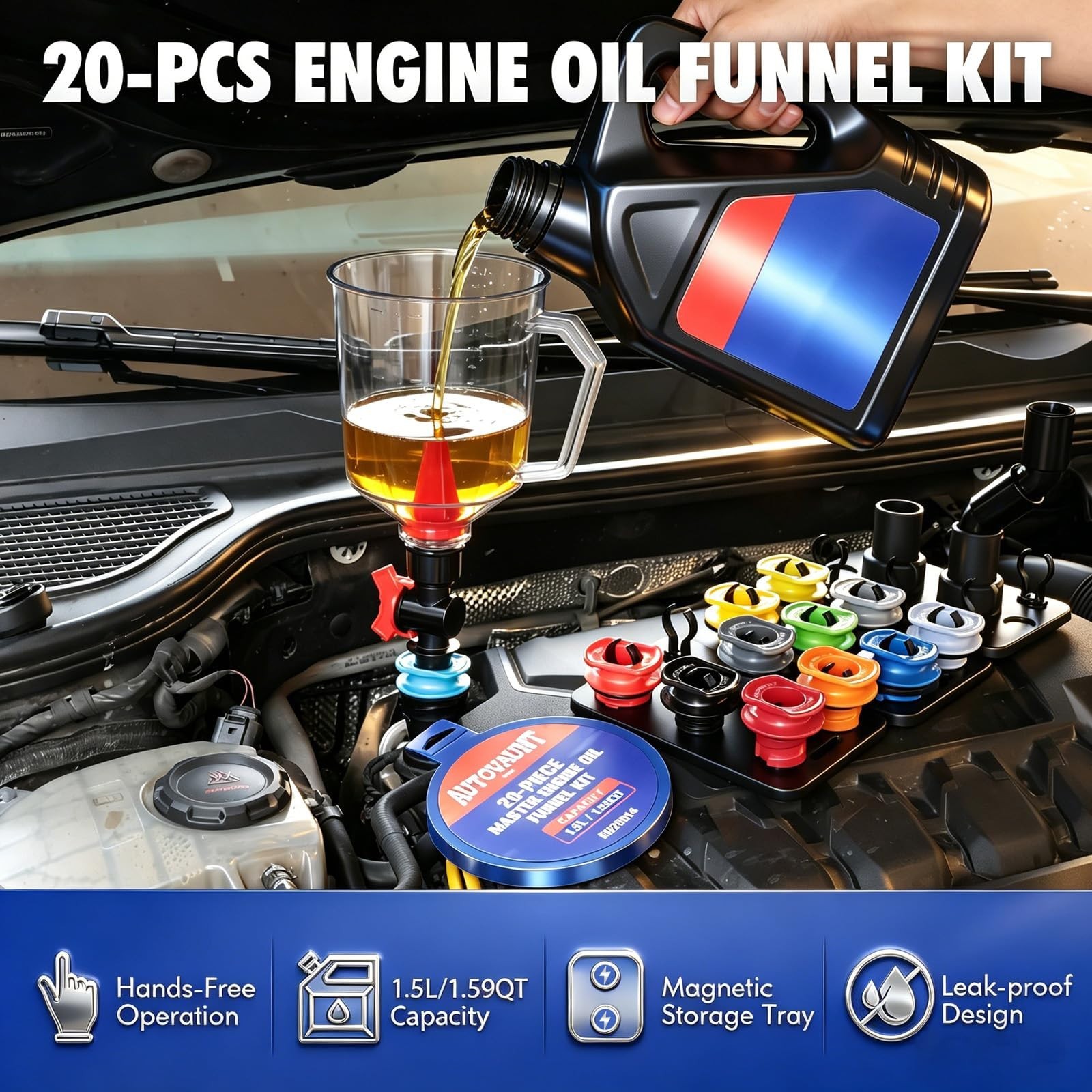 20-Piece Spill-Proof Oil Funnel Kit with 12 Adapters & Shut-Off Valve, Automotiv