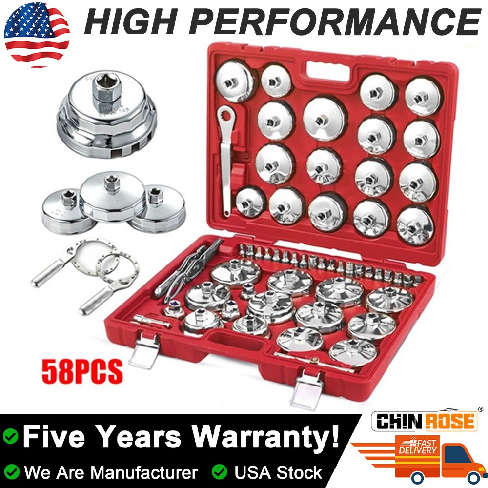 58X 1/2″ Dr Oil Filter Socket Cup Type Set & Adjustable Cap Wrench Removal Tool