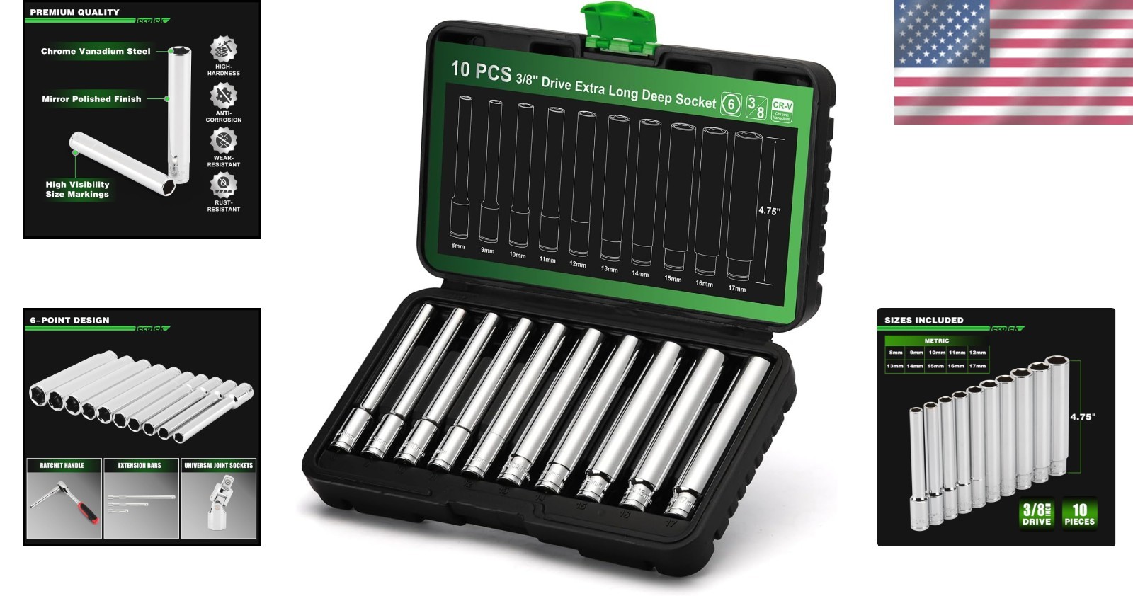 10PC 3/8-Inch Drive Extra Deep Metric Socket Set for Professionals – 8mm-17mm