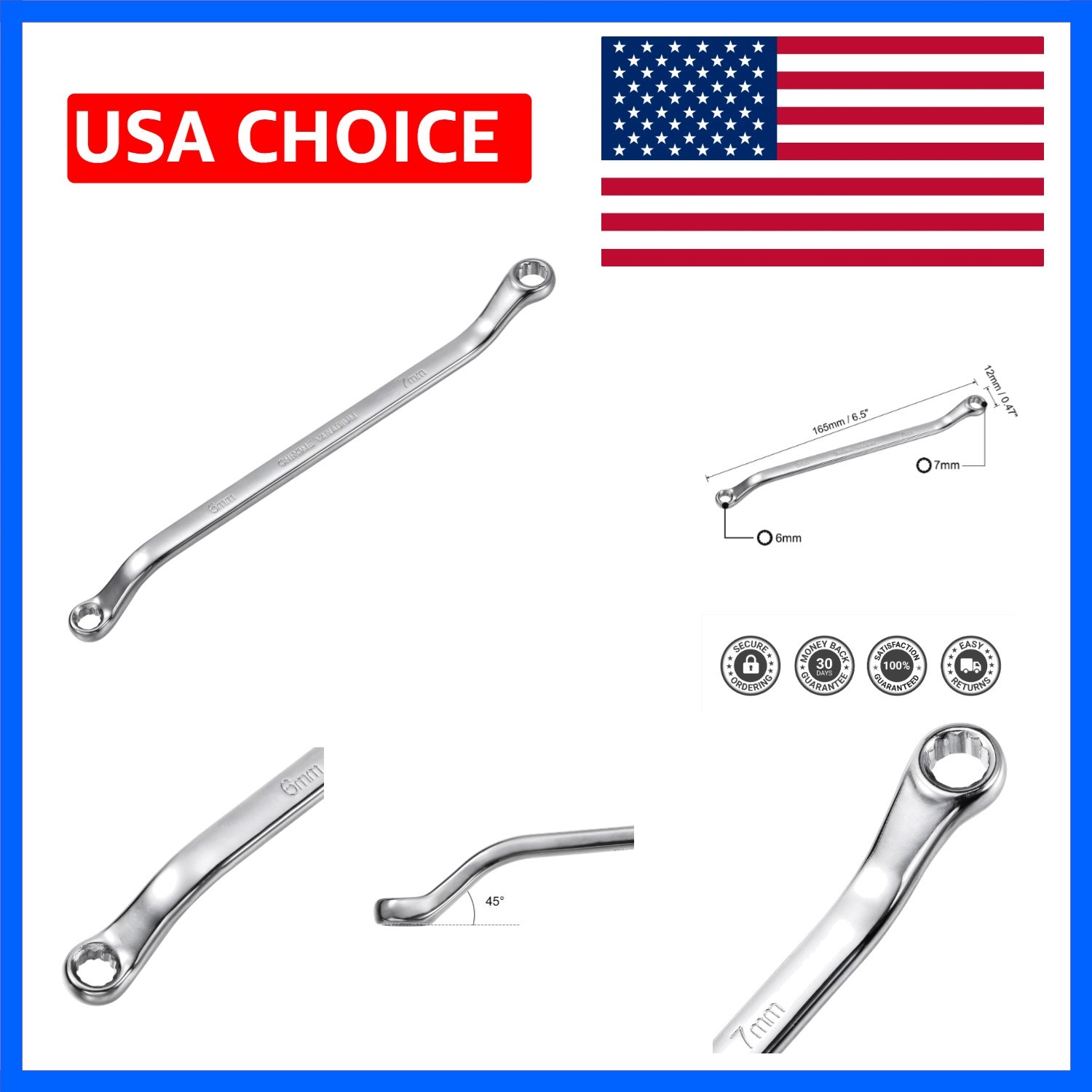 6mm x 7mm Metric 12 Point Offset Double Box End Wrench Chrome Plated, Cr-V Steel