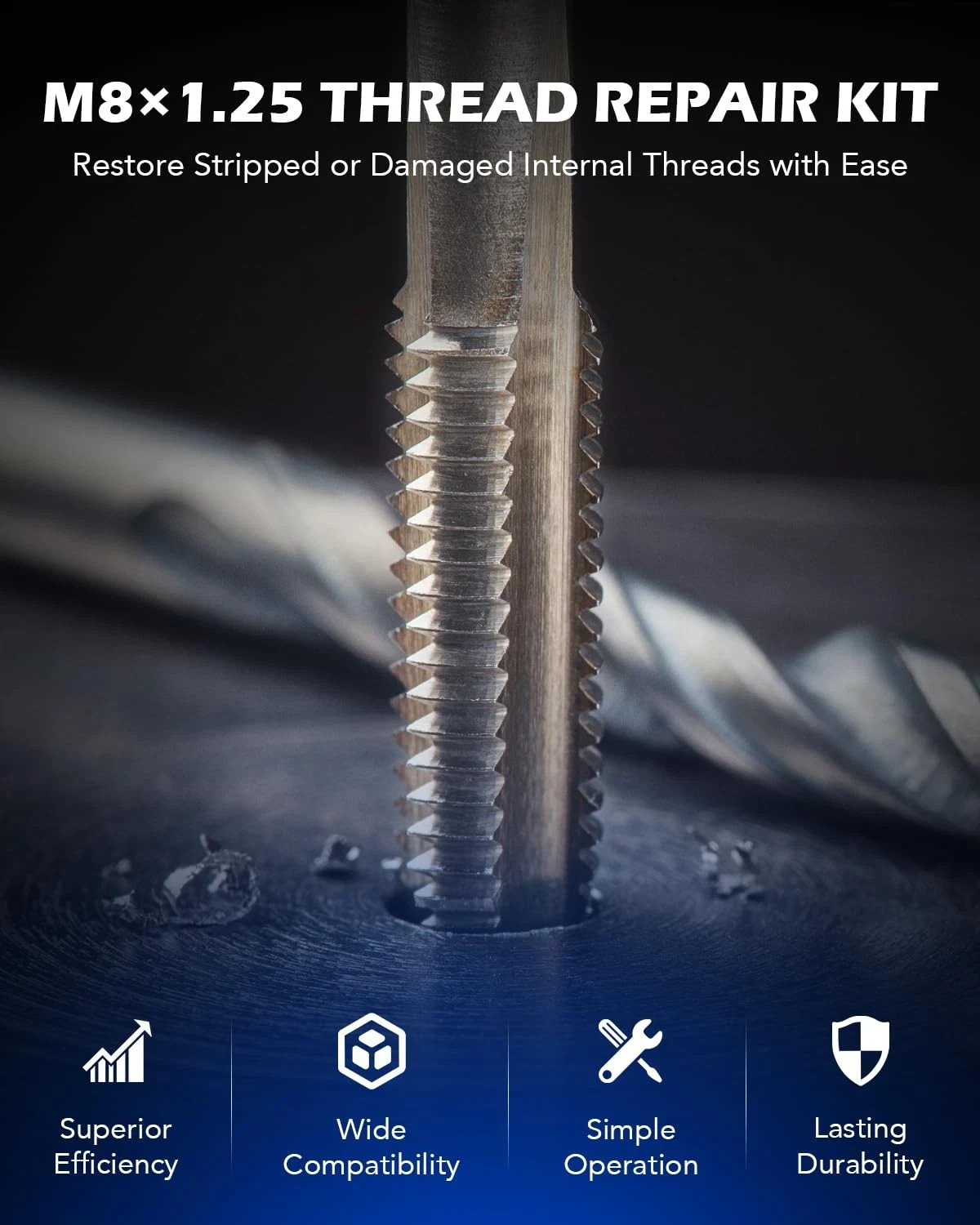 Helicoil Thread Repair Kit, M8x1.25, HSS Drill Bit & 30 Inserts with Carry Case
