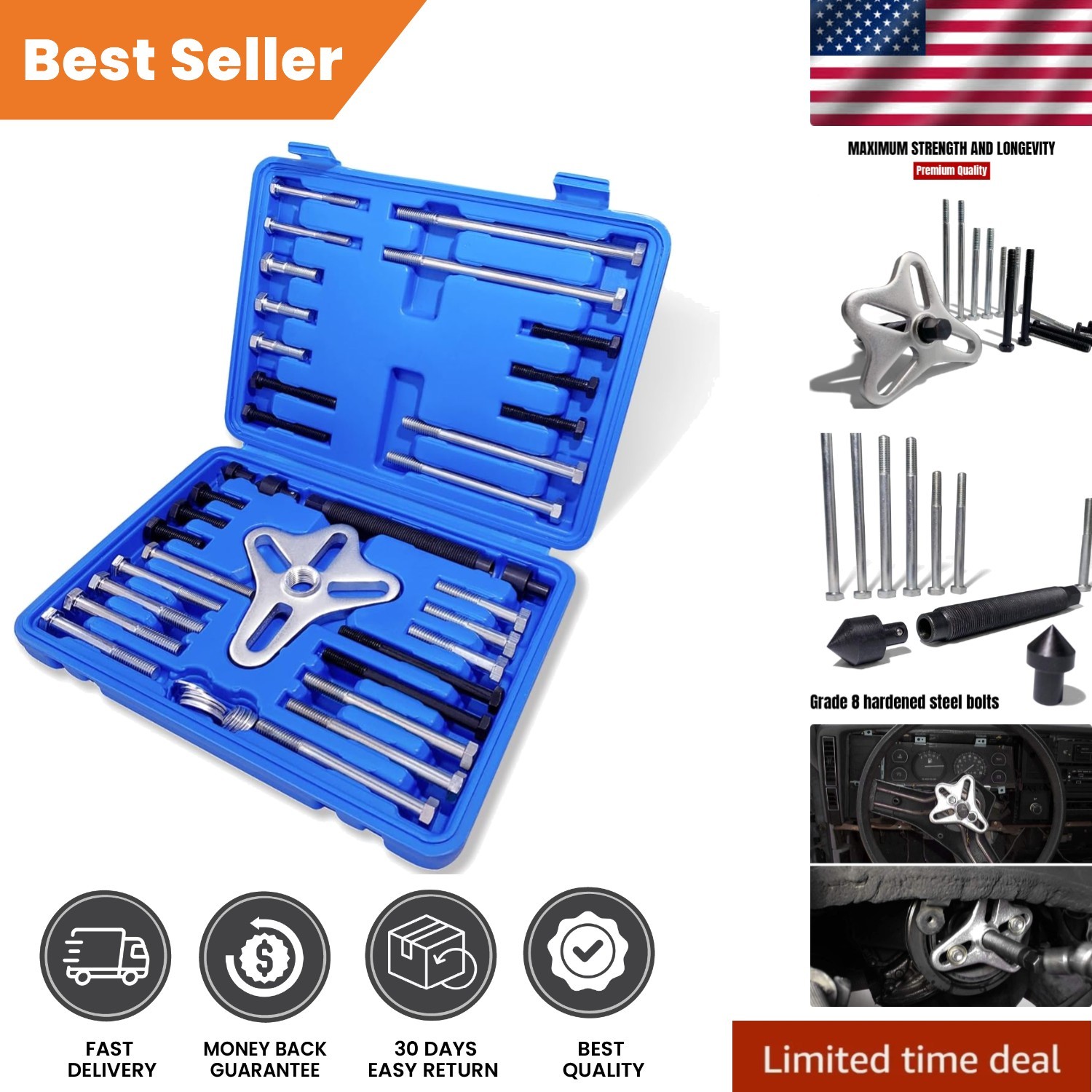 Multi-Functional Harmonic Balancer Puller Set – 46pcs with Carrying Case, Blue