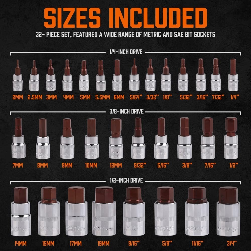 32-Piece High Torque Hex Bit Socket Set, SAE & Metric, S2 Steel, Durable Case, 1