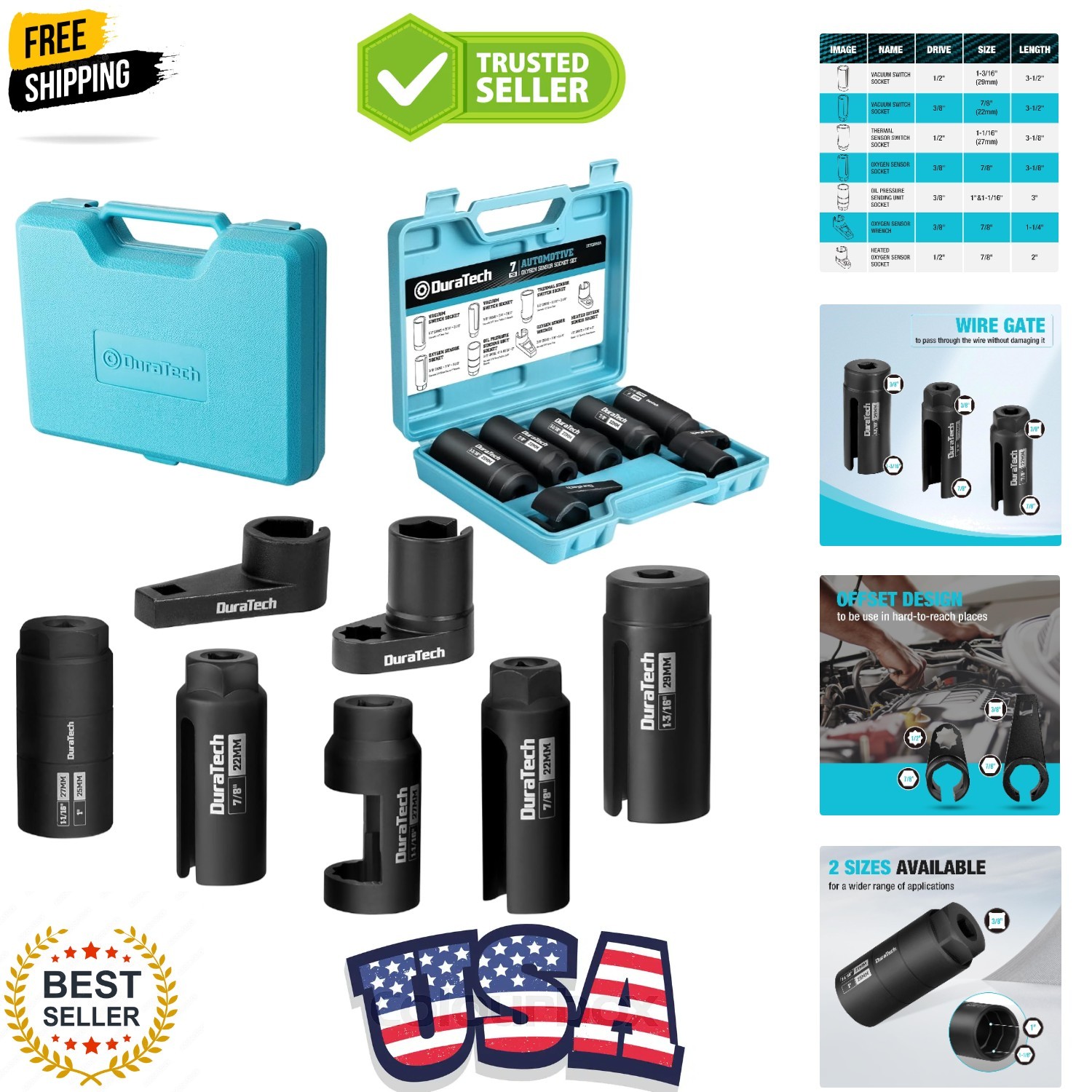 7PCS O2 Oxygen Sensor & Oil Pressure Socket Set, 1/2″ 3/8″ Drive x 22mm 7/8″ …