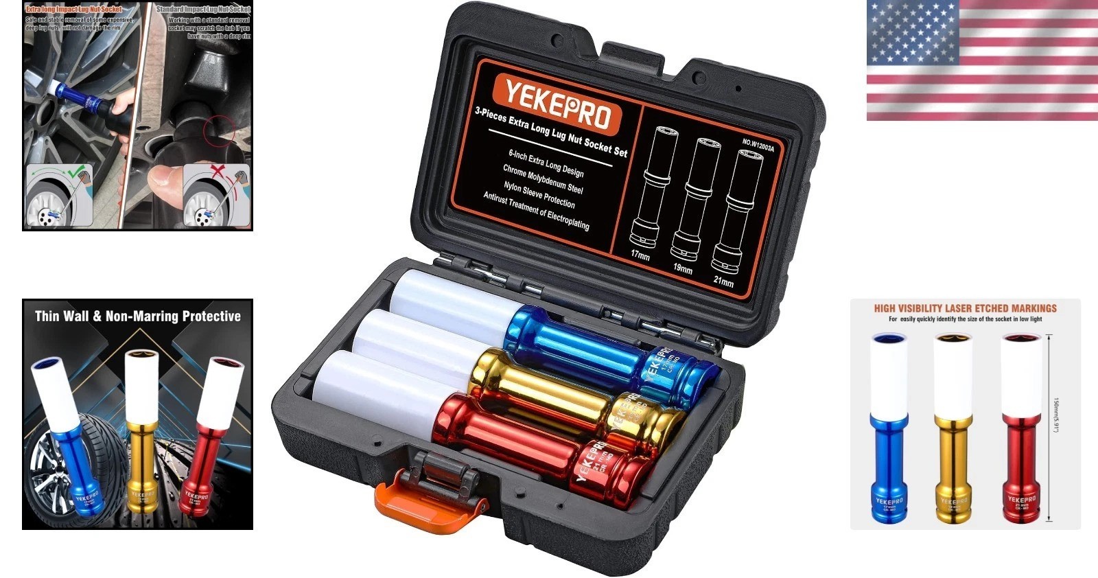 Durable Chrome Molybdenum 3-Piece Lug Nut Socket Set – Impact-Ready 17,19,21mm