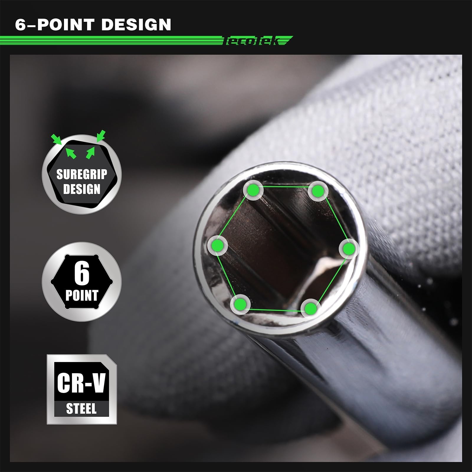 6PCS Extra Deep Metric Socket Set 3/8″ Drive, 8-14mm, 6 Point + Adapter, CR-V