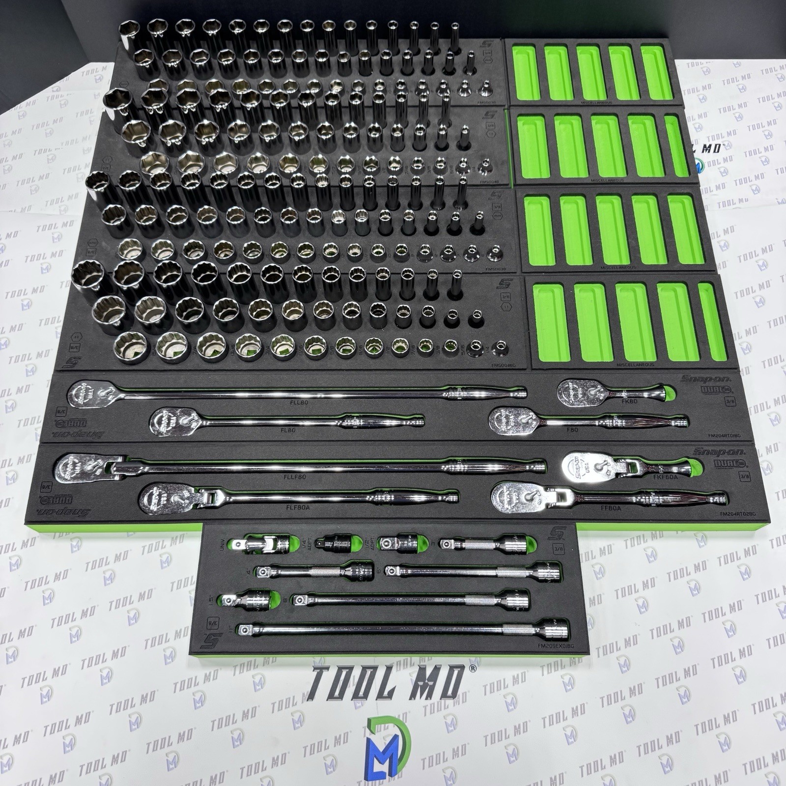 Snap-on Tools NEW 6 & 12-POINT GREEN 185pc 3/8″ Drive Service Set 2185GSS01FG