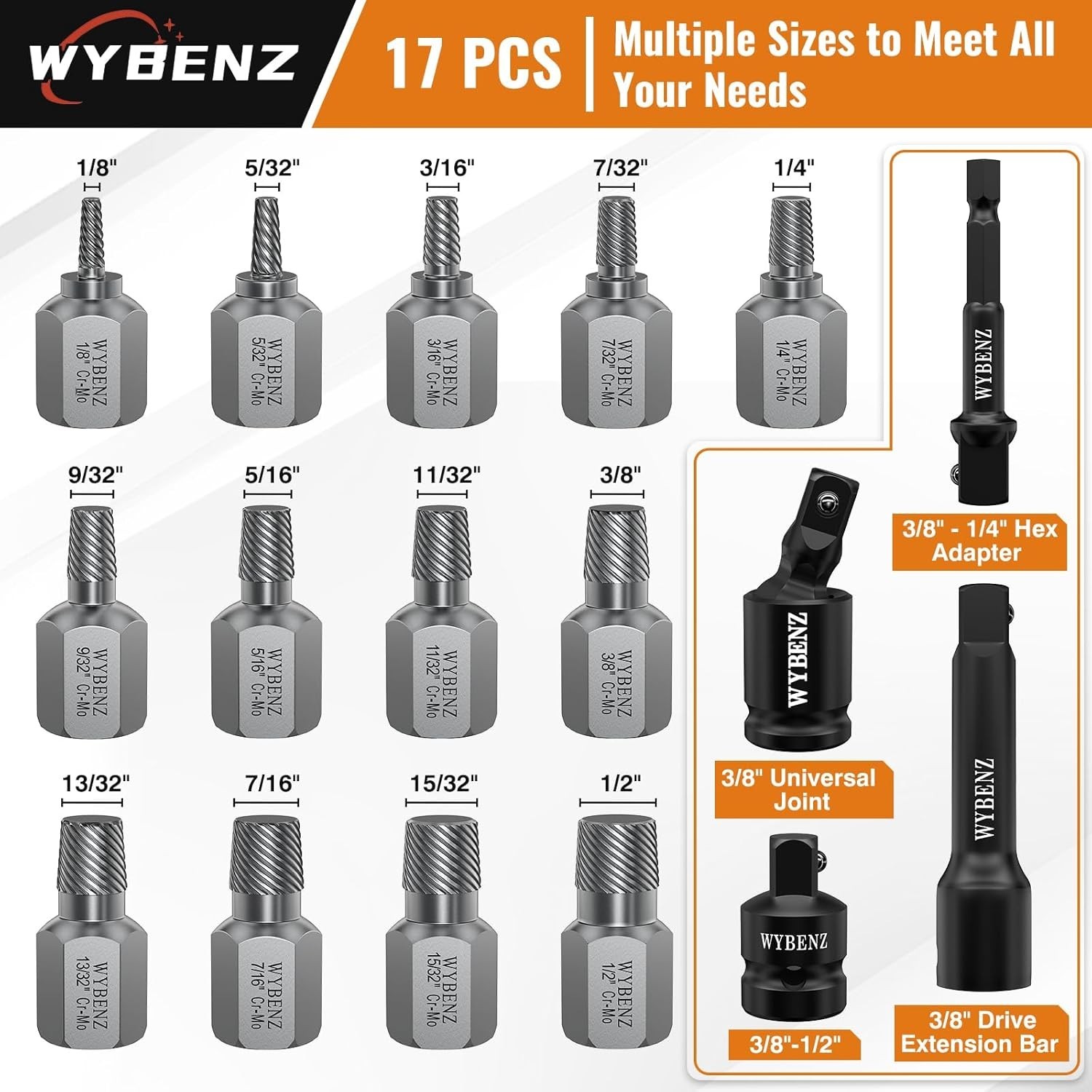 High-Quality 17-Pcs Bolt Extractor Set with Multi-Spline Design and Adapters