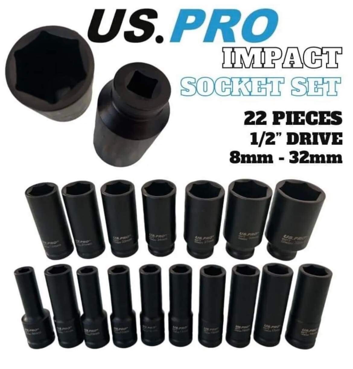 US PRO IMPACT 1/2″ Drive Socket Set 8mm – 32mm Ratchet Extension Bar U Joint Set