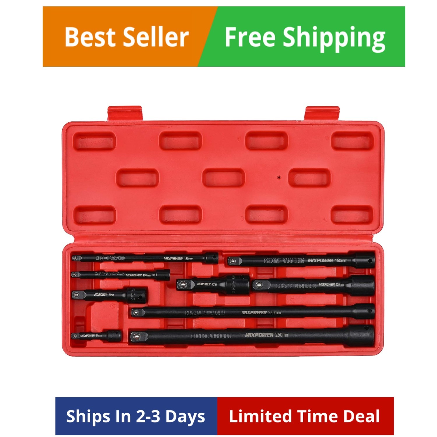 9-Piece Extension Bar Set, 1/4″, 3/8″ and 1/2″ Drive Socket Extension, Chrom…