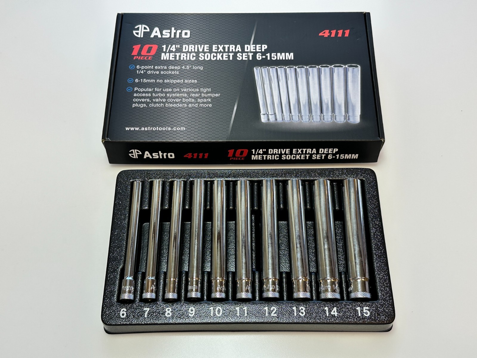 NEW ASTRO 10pc 4111 Extra Deep (4.5″ Long) Metric Socket Set 6mm-15mm 1/4″ Drive