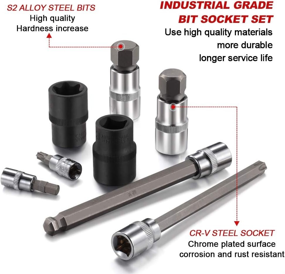 107PCS Allen and Torx Bit Socket Set, 1/4″, 3/8″ and 1/2″ Drive Hex