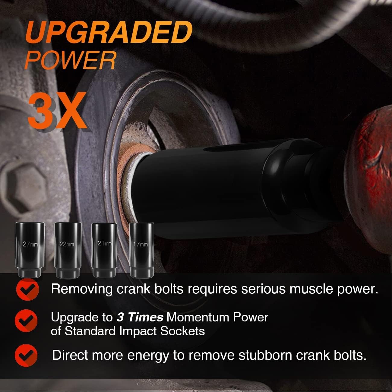 3X Power Harmonic Balancer Crank Bolt Removal Tool Socket Set 17 21 22 27mm 1/2″
