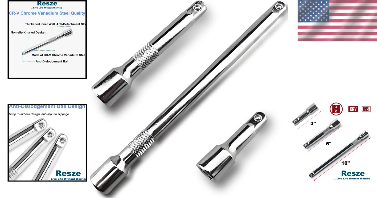 3-Pc Ratchet Extension Set – Non-Slip Grip, Spring Loaded, Corrosion Resistant