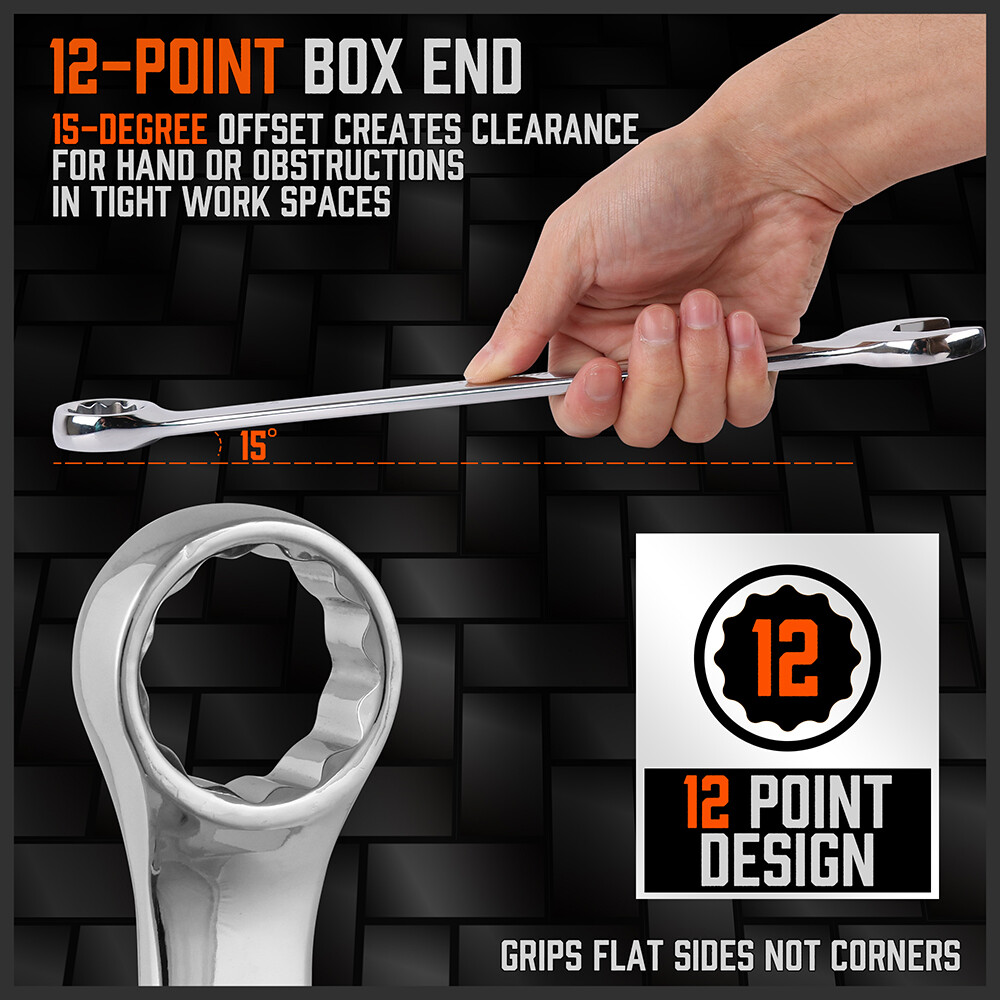 15PC Combination Spanner Wrench Ring Open Ended 8-22mm Metric 12 Point «V» Notch