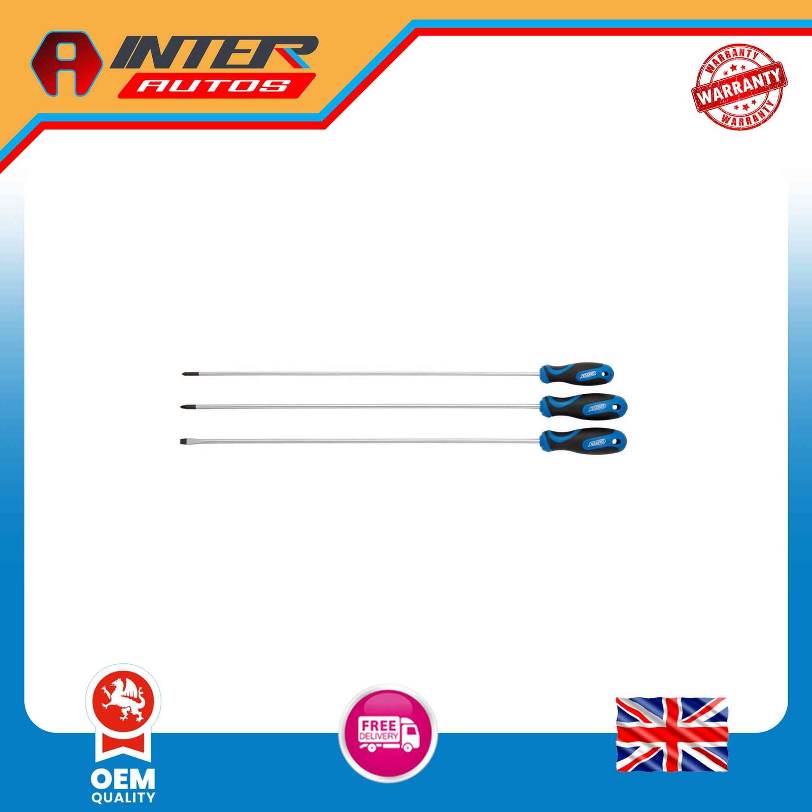 Draper Extra Long Reach Soft Grip Screwdriver Set, 450mm (3 Piece) 32603