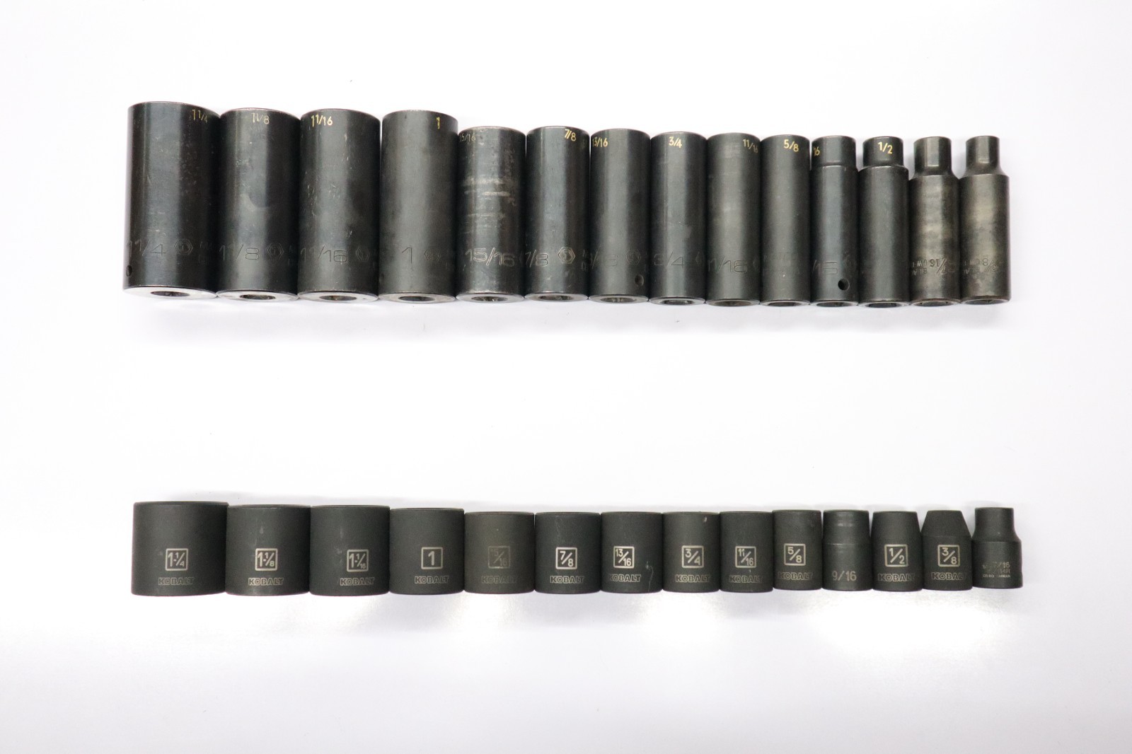 Mixed Lot of 28pc. 1-1/4″ – 1/8″ 6pt Impact Sockets Matco, Kobalt & Blackhawk