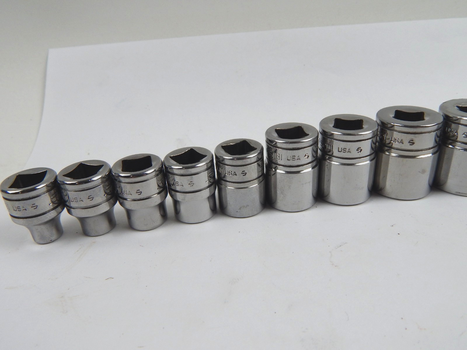 Snap On 3/8» Drive 6pt SAE Shallow Socket Set 11pc FS081-FS281 1/4″-7/8″ w Rail