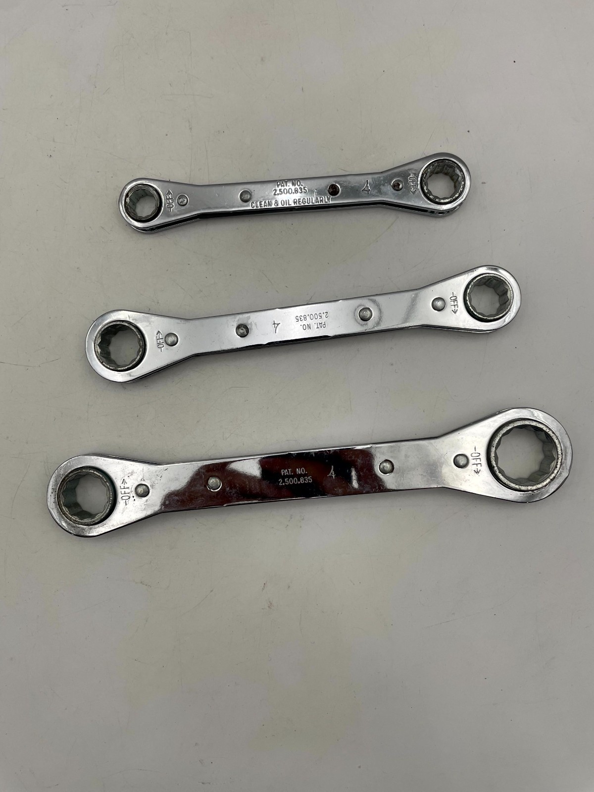 Vintage Set of 3 Proto Tools 2,500,835 Ratchet Wrench Silver Polished Chrome