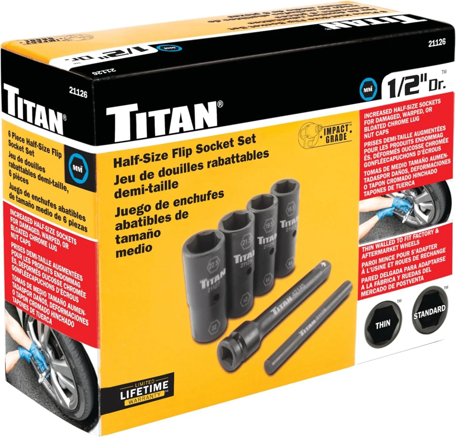 Titan 21126 Half-Size Flip Socket Set 1/2″ for Lug Nut Removal