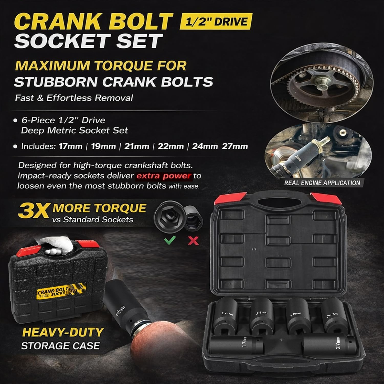 1/2’’ Drive Weighted Crank Bolt Socket Set, 17MM, 19MM, 21MM, 22MM, 24MM, 27M…