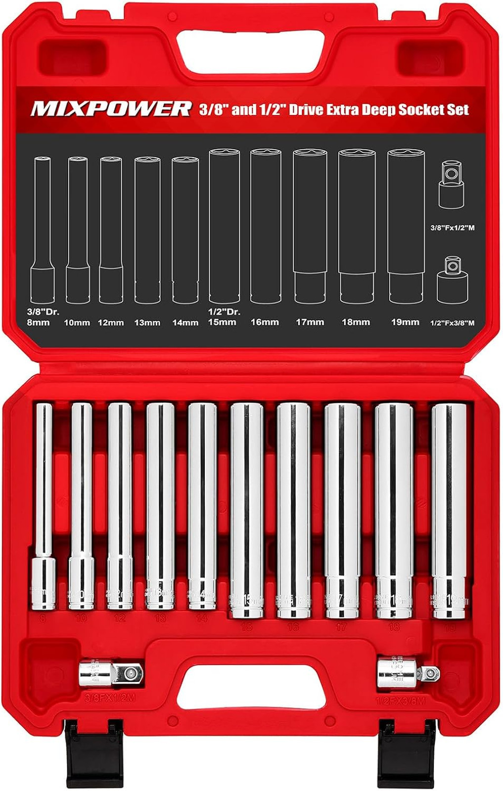 12 Piece Deep Socket Set 3/8 and 1/2 Inch Drive Impact Grade Chrome Vanadium