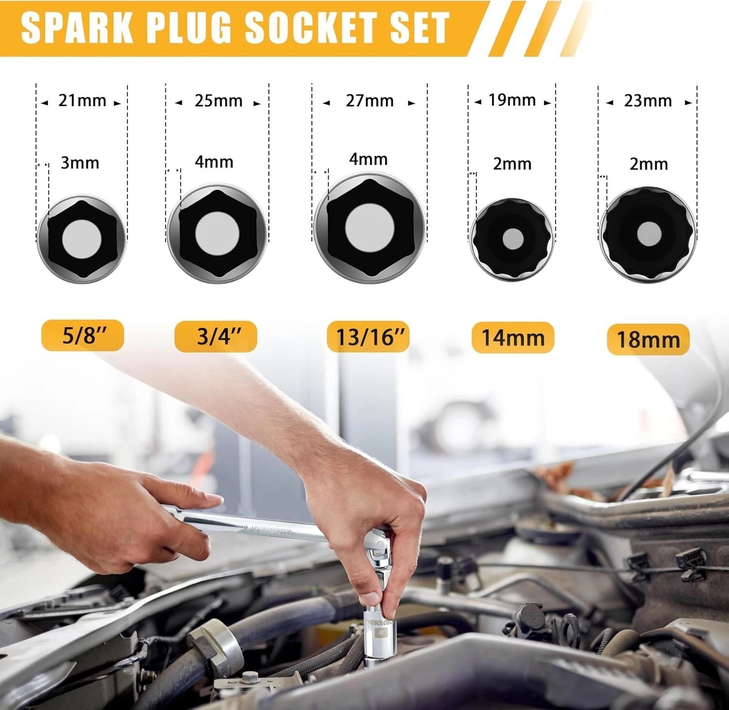 3/8-Inch Drive Spark Plug Socket Set 8PCS – Includes 6 Point Sockets 5/8-inch..,