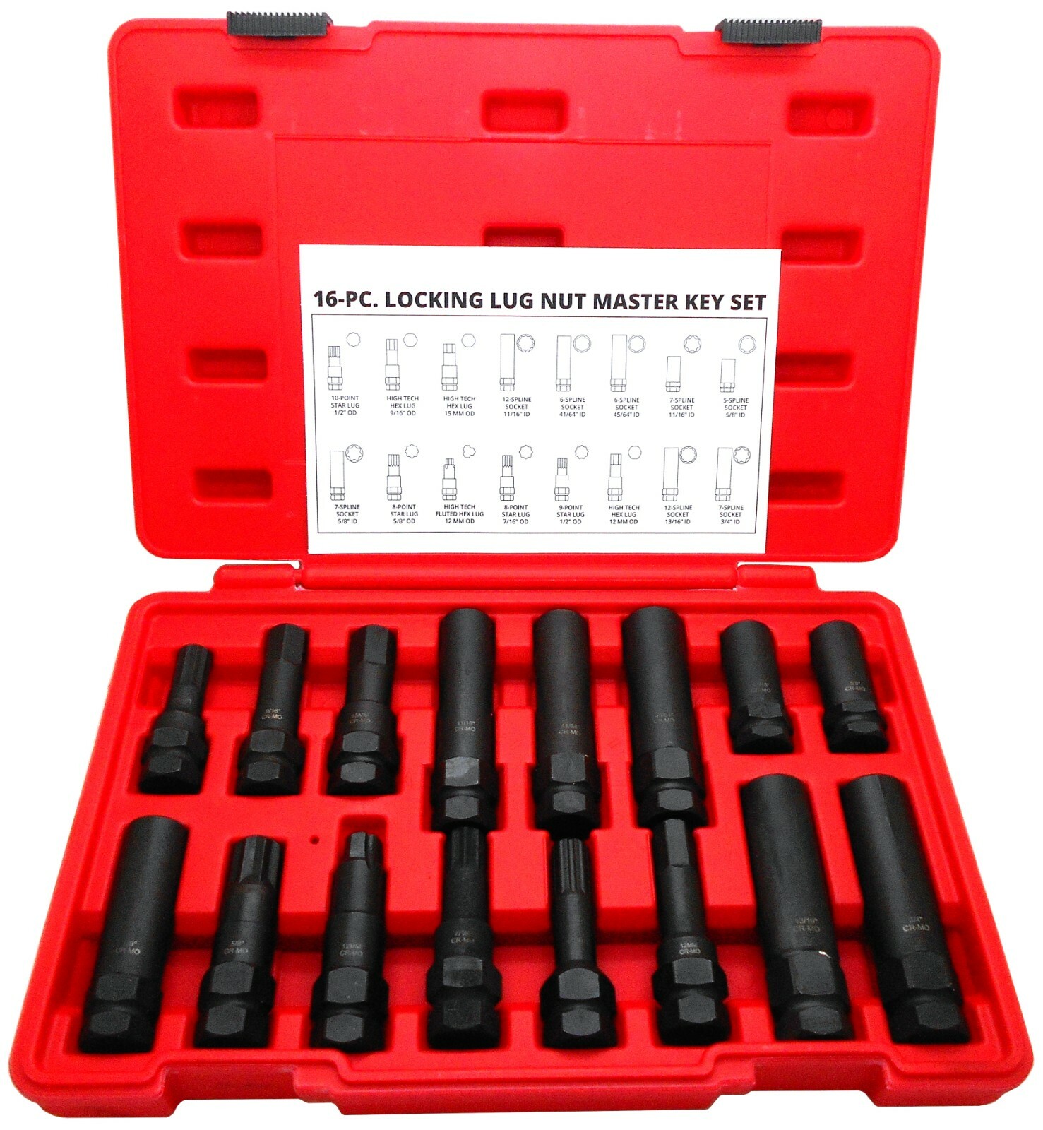 16pc Locking Lug Nut Socket Master Key Set Wheel Hex Star Spline Fluted