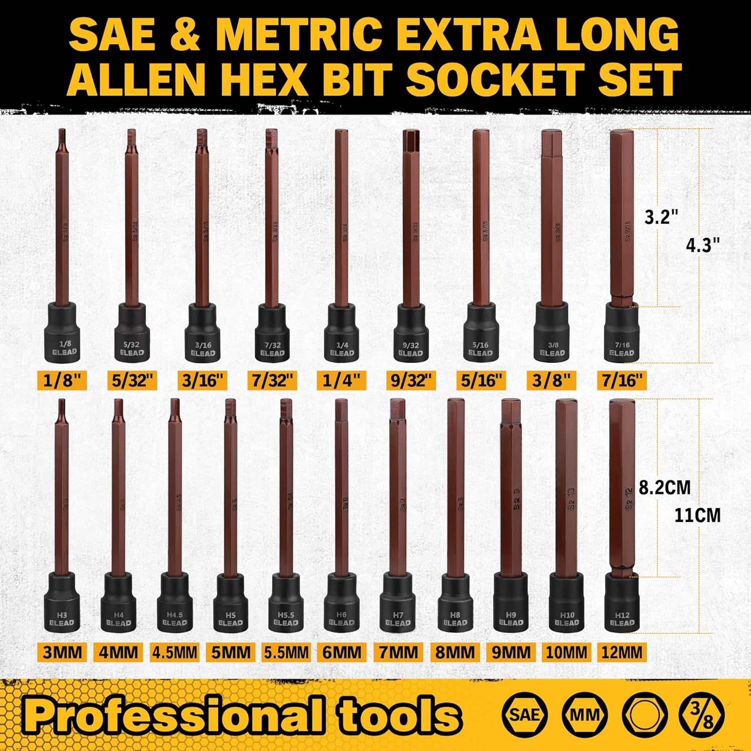 20-Piece 3/8 Inch Drive Extra-Long Allen Hex Bit Socket Set: S2 Steel, Standard