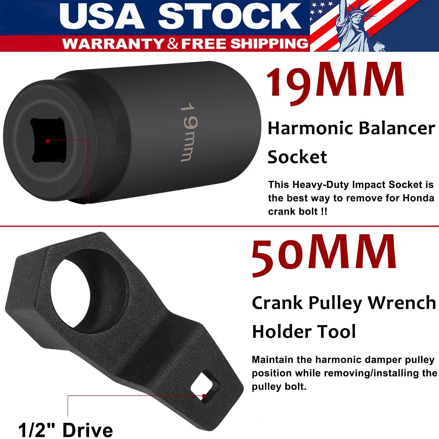 19mm Harmonic Balancer Socket & 50mm Crank Pulley Wrench Tool for Honda Acura