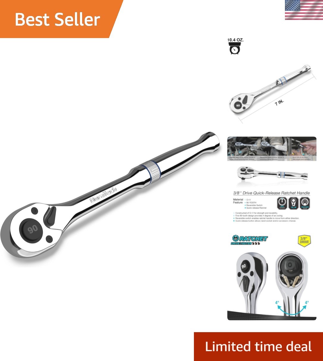 3/8-Inch Drive Ratchet, 90-Tooth Quick-release Ratchet Wrench, Reversible, Ch…