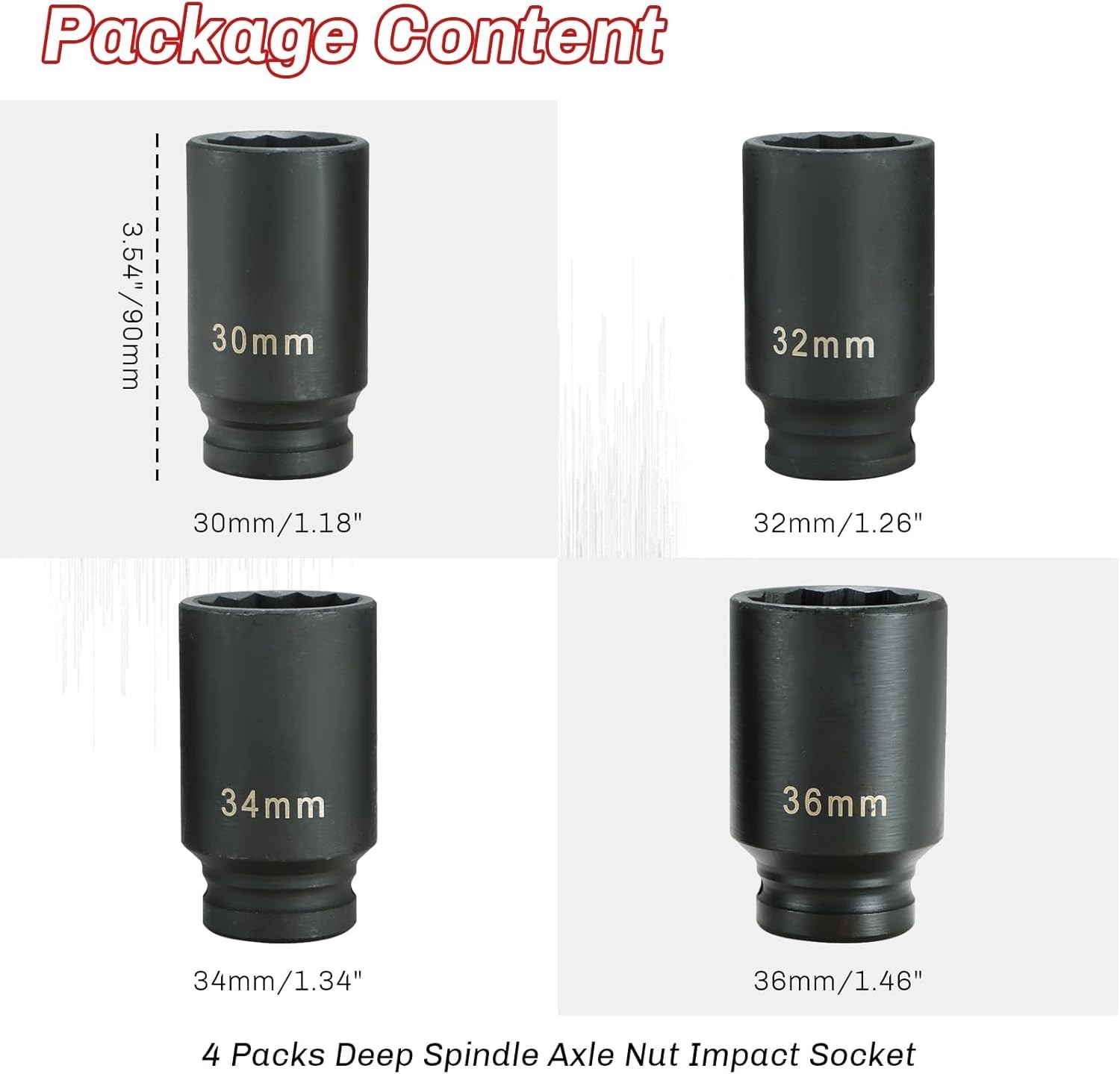 4PC Axle Nut Socket Set 30mm 32mm 34mm 36mm Deep Impact Sockets CR-MO