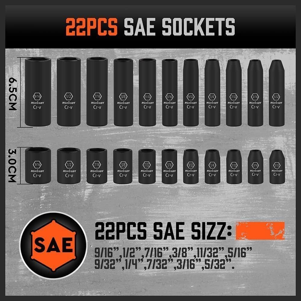 56-PCS Cr-V 1/4″ Drive Impact Socket Set SAE/Metric 6 Point Drive Extension Bar