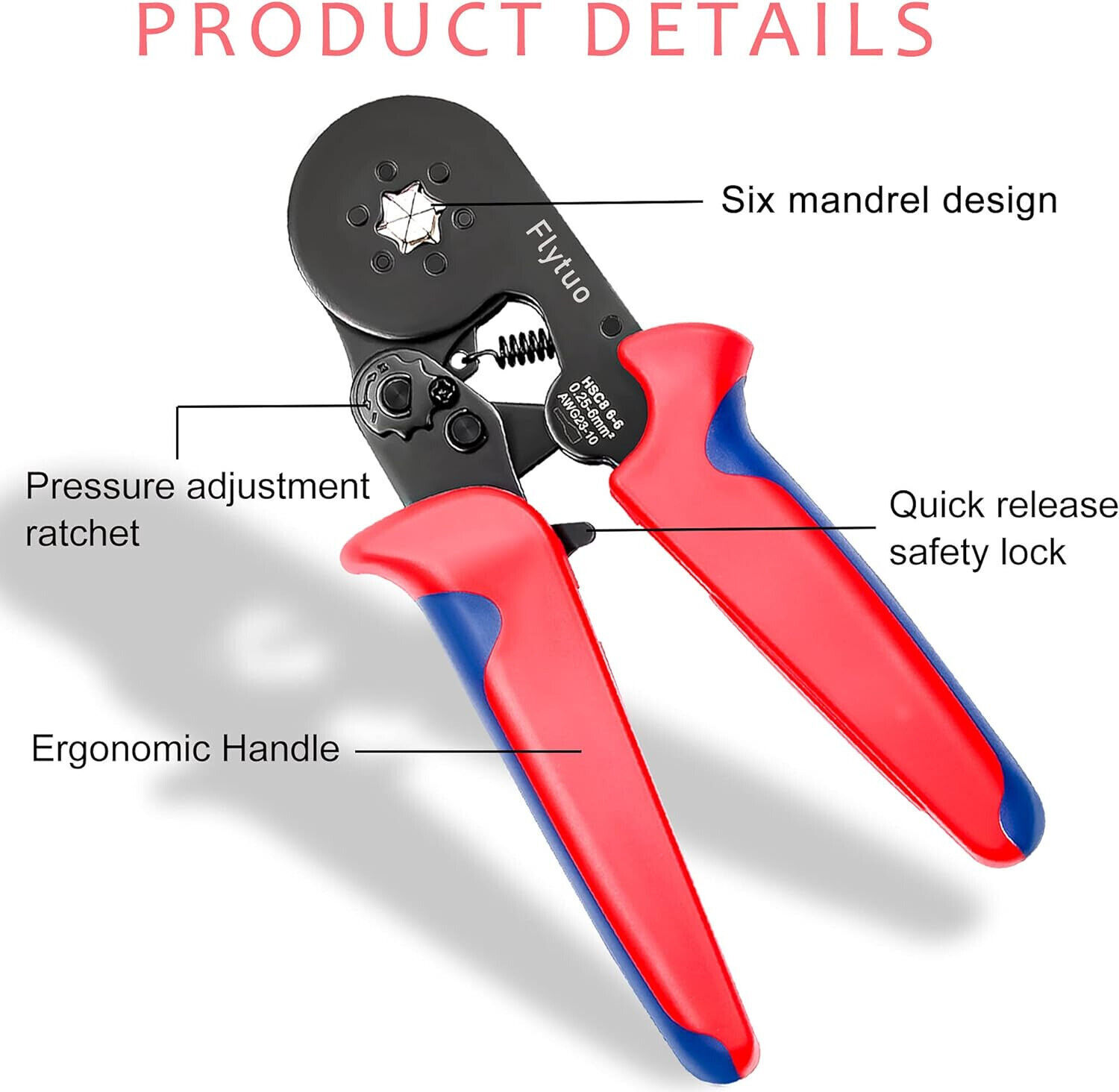 AWG23-10 HSC8 6-6 Self-Adjusting Ratchet Wire Ferrule ，Hexagonal Crimping Tool