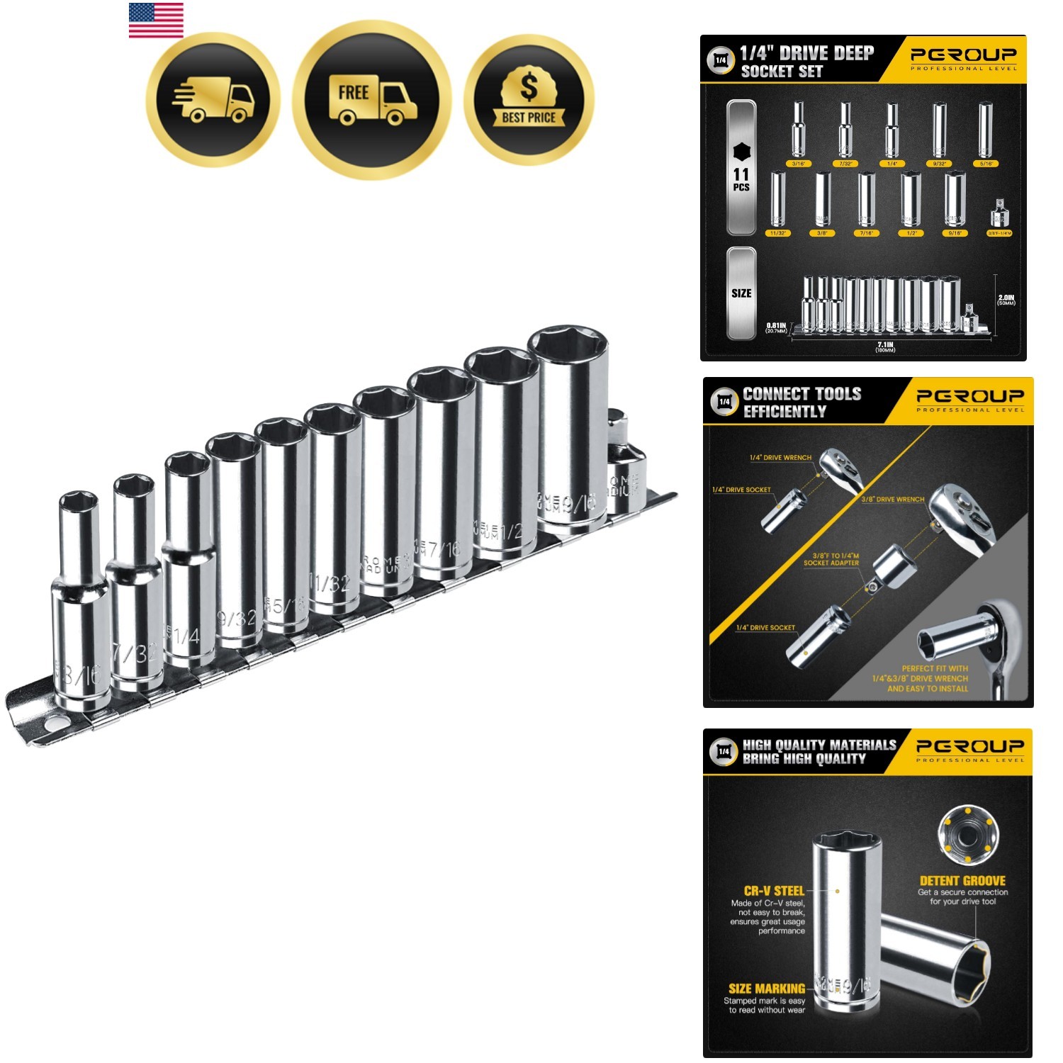 1/4” Drive SAE Socket Set, 11PCS Deep Hex Socket Set 3/16”-9/16”, Cover Most …