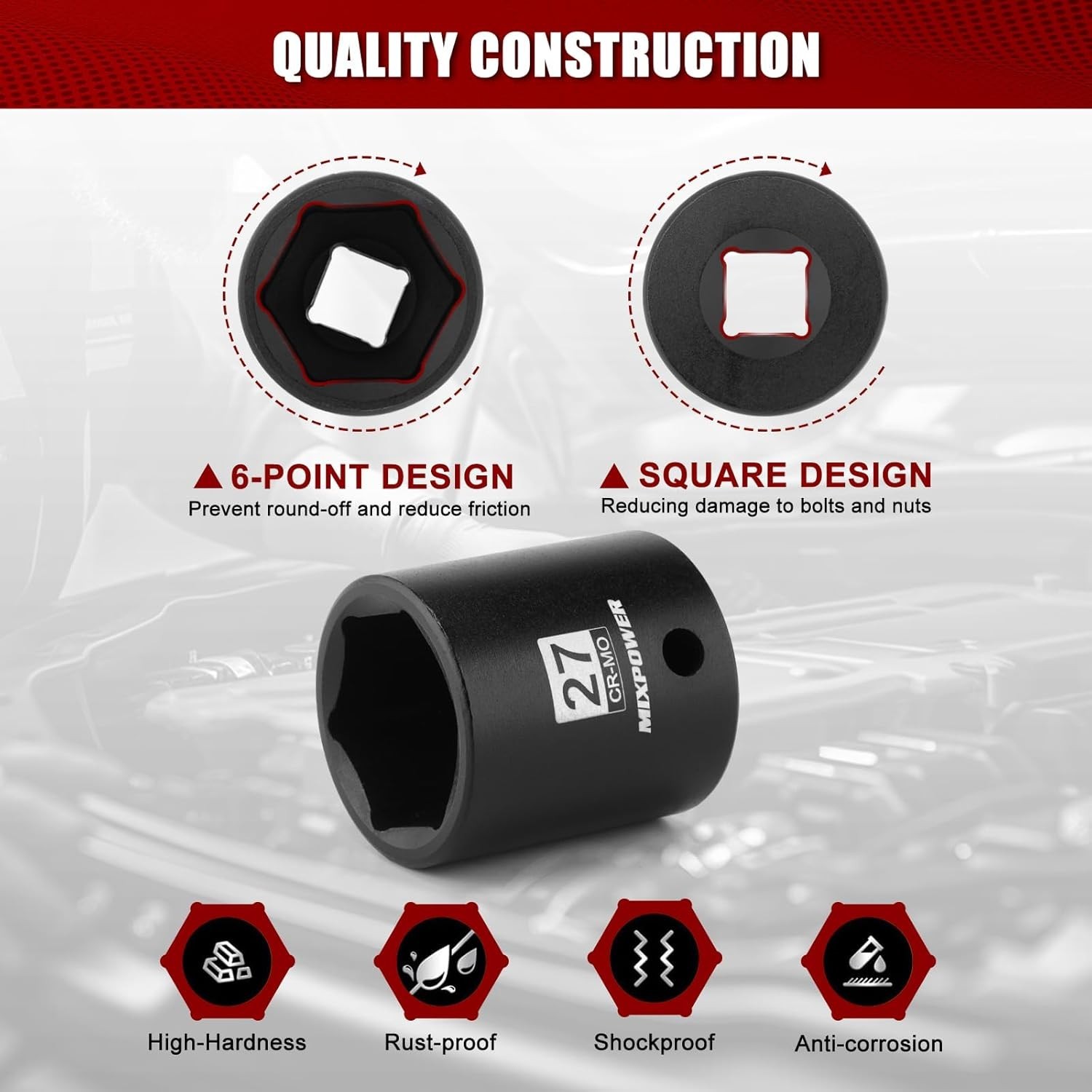Professional 27mm Chrome Molybdenum 1/2″ Drive Shallow Socket for Impact Drivers